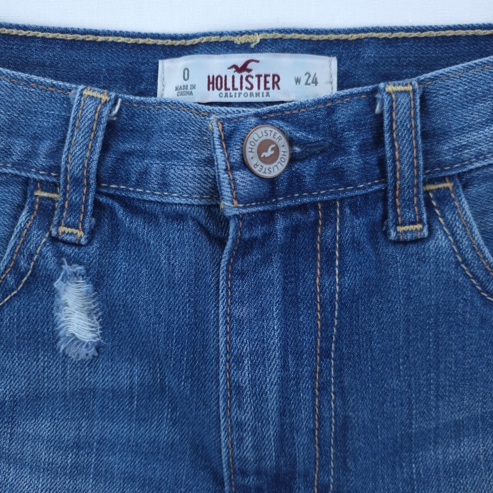 Hollister Women Denim Shorts Size 0 W24 Blue High Rise Distressed Frayed Hem - Picture 4 of 14